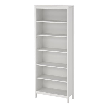 A tall, narrow white Barcelona bookcase with five open shelves, shown against a plain white background.