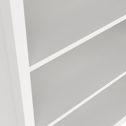 Close-up of a white shelving unit with white frame and horizontal shelf dividers.