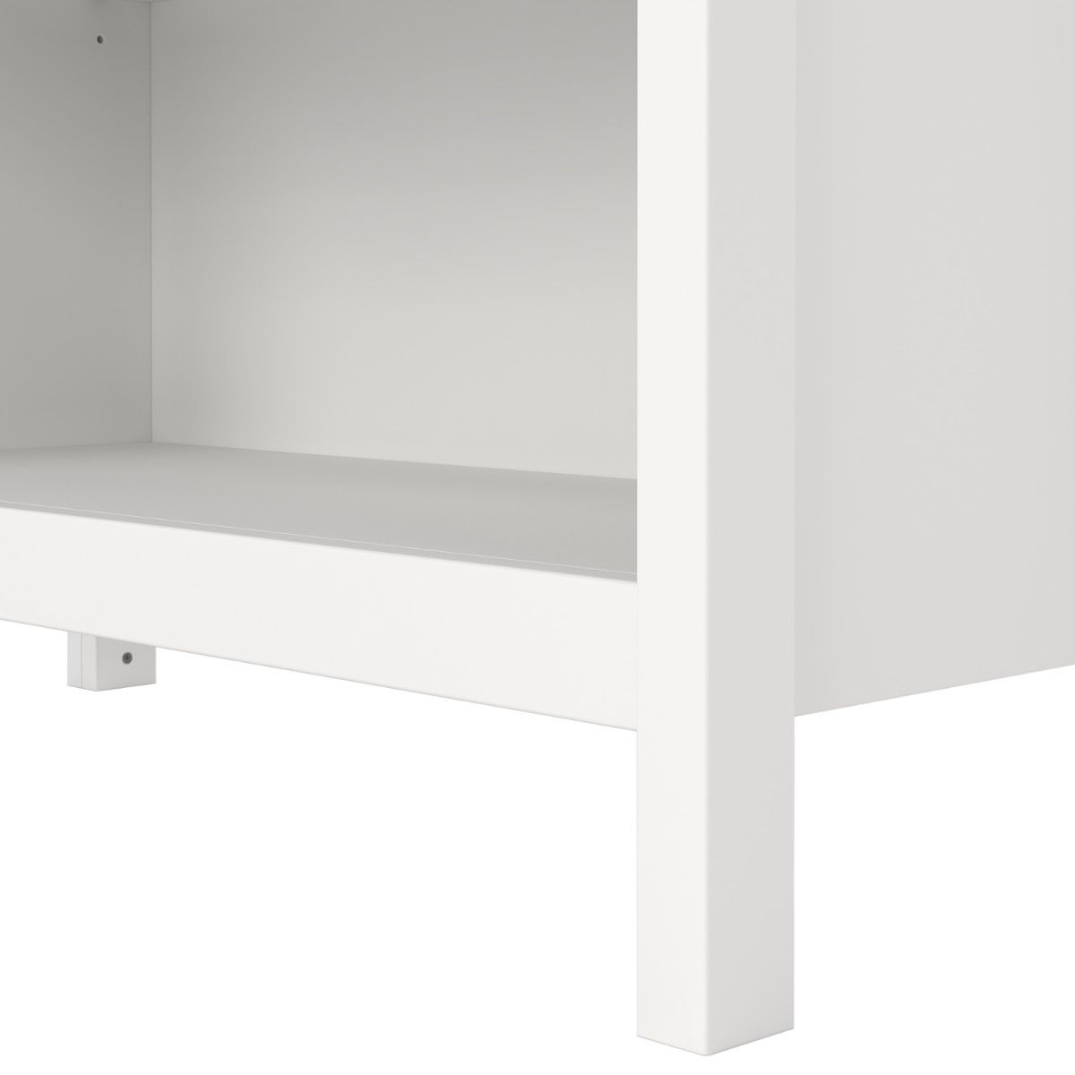 Close-up of a white wooden shelf or cabinet interior with a vertical support leg and a shelf tray, shown against a white background.