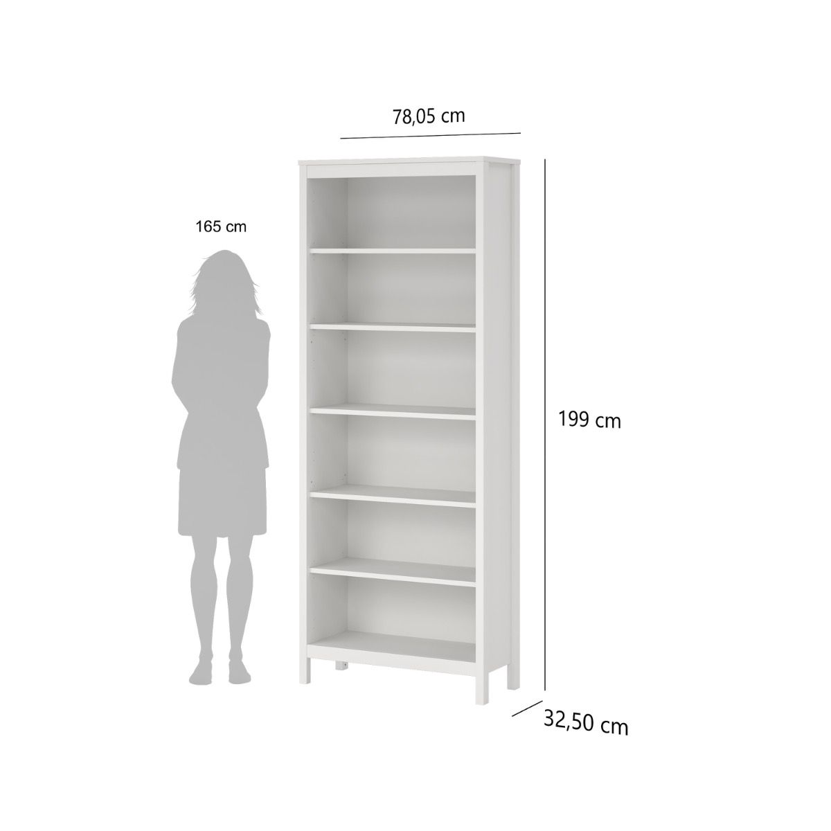 White bookcase with five shelves, shown with height and width dimension labels (78,05 cm, 199 cm, 32,50 cm) and a gray human silhouette indicating 165 cm height for scale, on a white background.