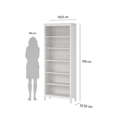 White bookcase with five shelves, shown with height and width dimension labels (78,05 cm, 199 cm, 32,50 cm) and a gray human silhouette indicating 165 cm height for scale, on a white background.