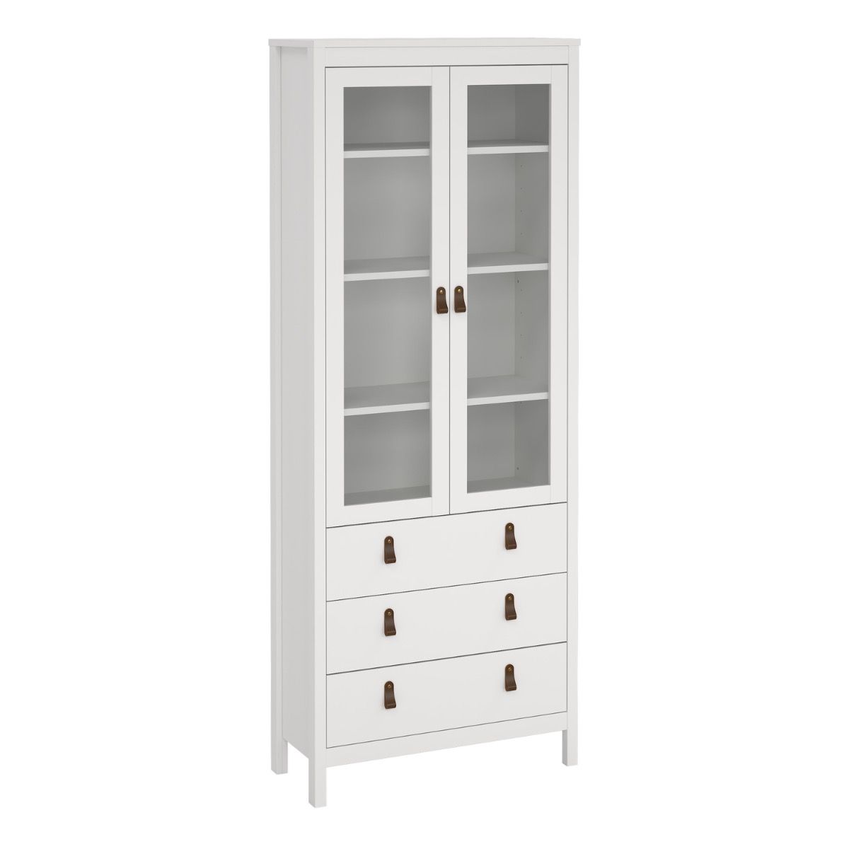 White cabinet with glass doors and drawers on a white background