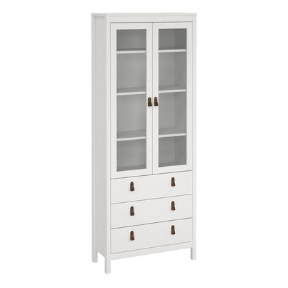 White cabinet with glass doors and drawers on a white background