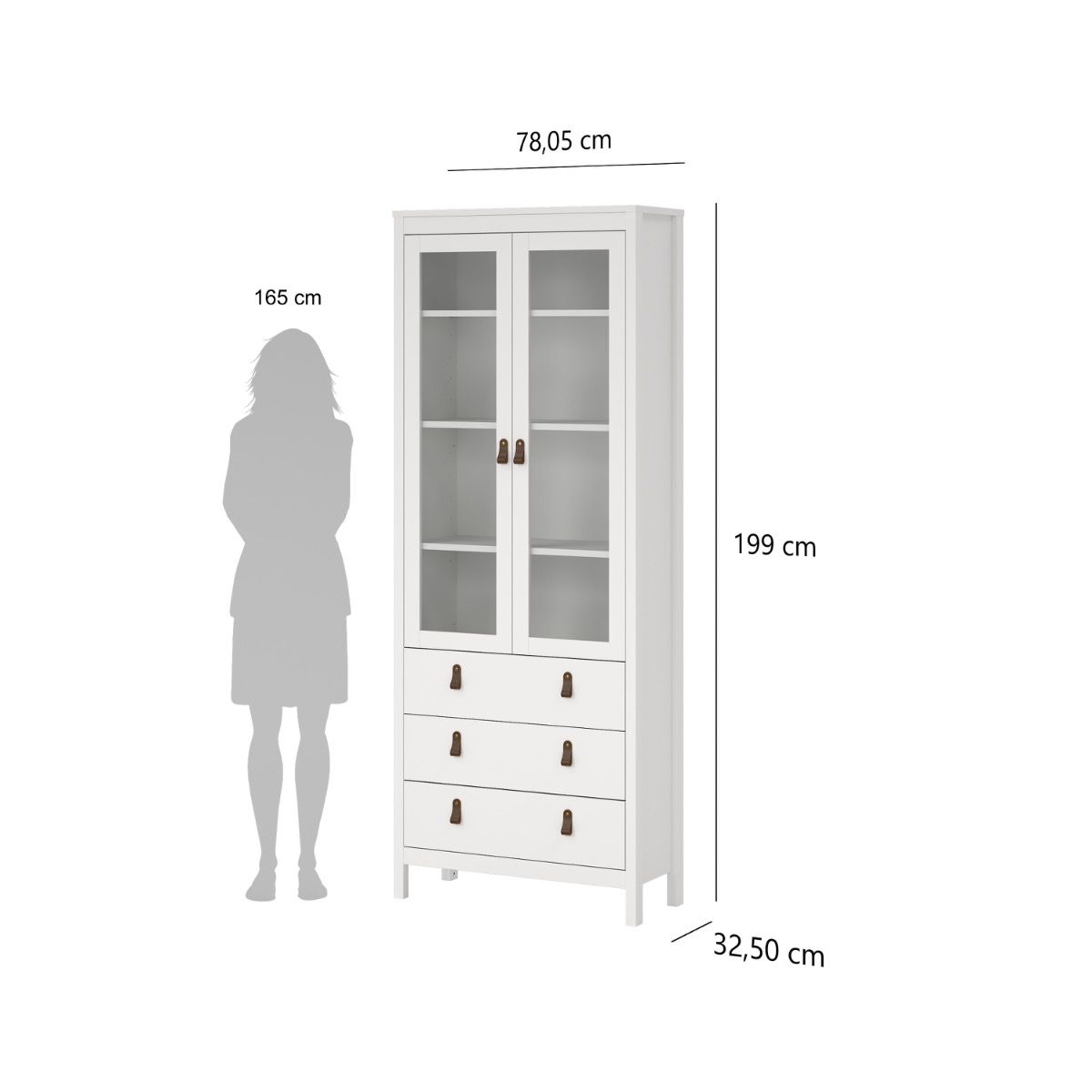 White glass-front cabinet with three drawers, shown with height and width measurements and a gray silhouette of a person for scale on a white background.