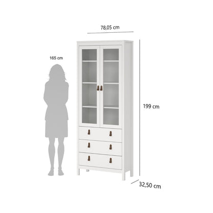 White glass-front cabinet with three drawers, shown with height and width measurements and a gray silhouette of a person for scale on a white background.