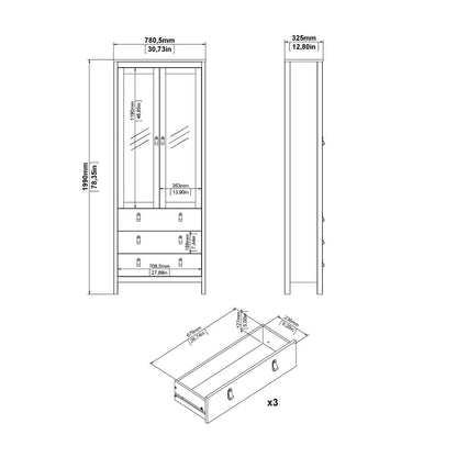 Technical dimension drawing of a tall storage cabinet with two glass doors, three drawers, and a separate storage box shown separately, with measurements in millimeters and inches on a white background.