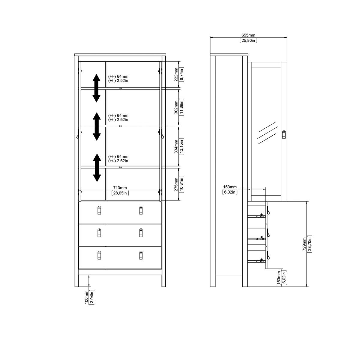 Technical drawing of a wardrobe with dimensions