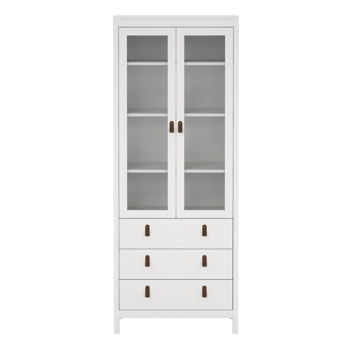 A tall white Barcelona storage cabinet with two upper glass-front doors and three lower drawers, each with small dark metal handles, shown on a plain white background.