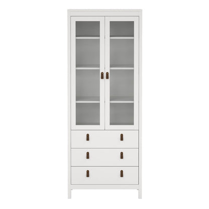 A tall white Barcelona storage cabinet with two upper glass-front doors and three lower drawers, each with small dark metal handles, shown on a plain white background.