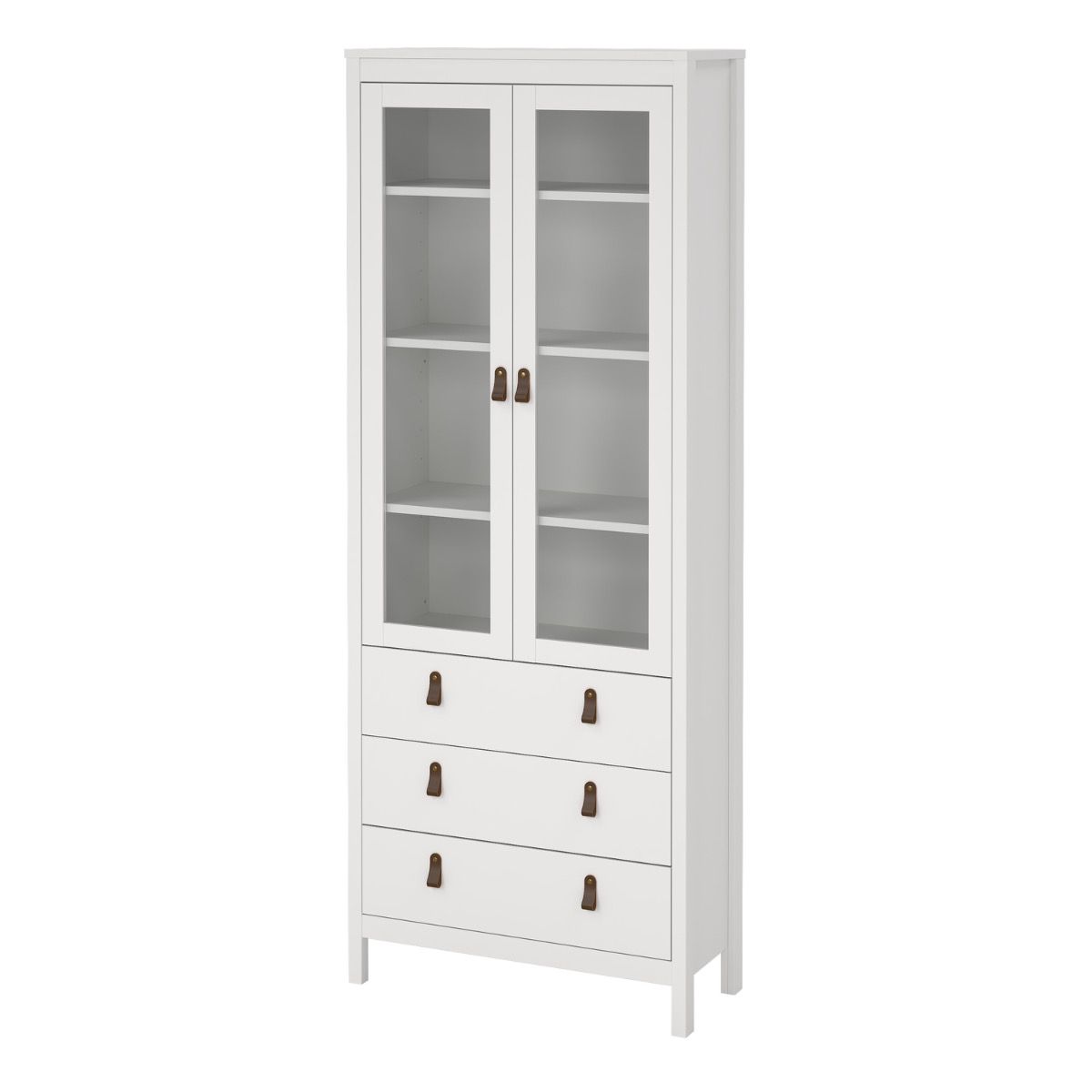 White cabinet with glass doors and wooden handles on a white background