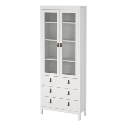 White cabinet with glass doors and wooden handles on a white background