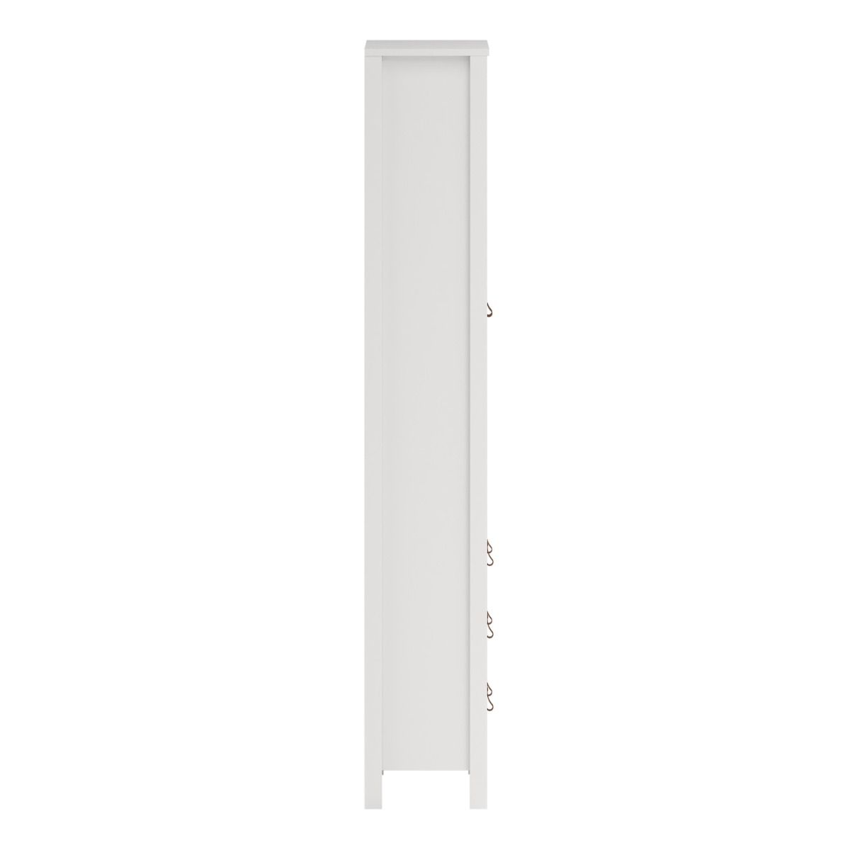 A tall, narrow white cabinet or storage unit with a flat front panel and small hanging hooks on the right side, shown against a plain white background.