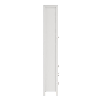 A tall, narrow white cabinet or storage unit with a flat front panel and small hanging hooks on the right side, shown against a plain white background.