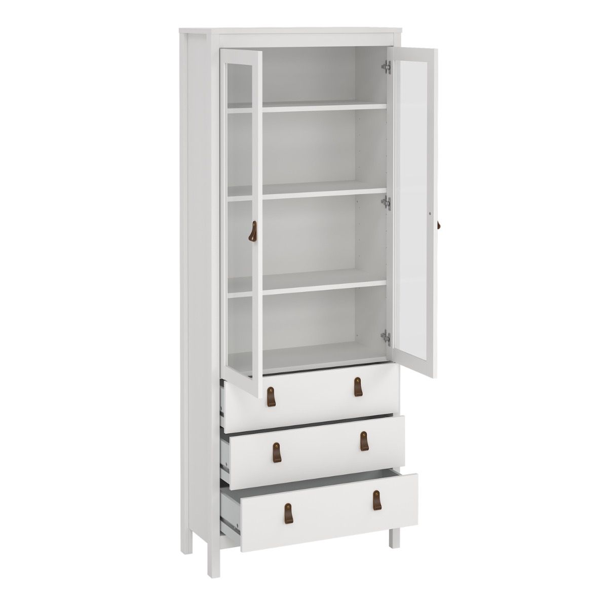A tall white storage cabinet with two glass-front upper doors, open to reveal three interior shelves, and three drawers at the bottom with dark metal handles, shown on a plain white background.