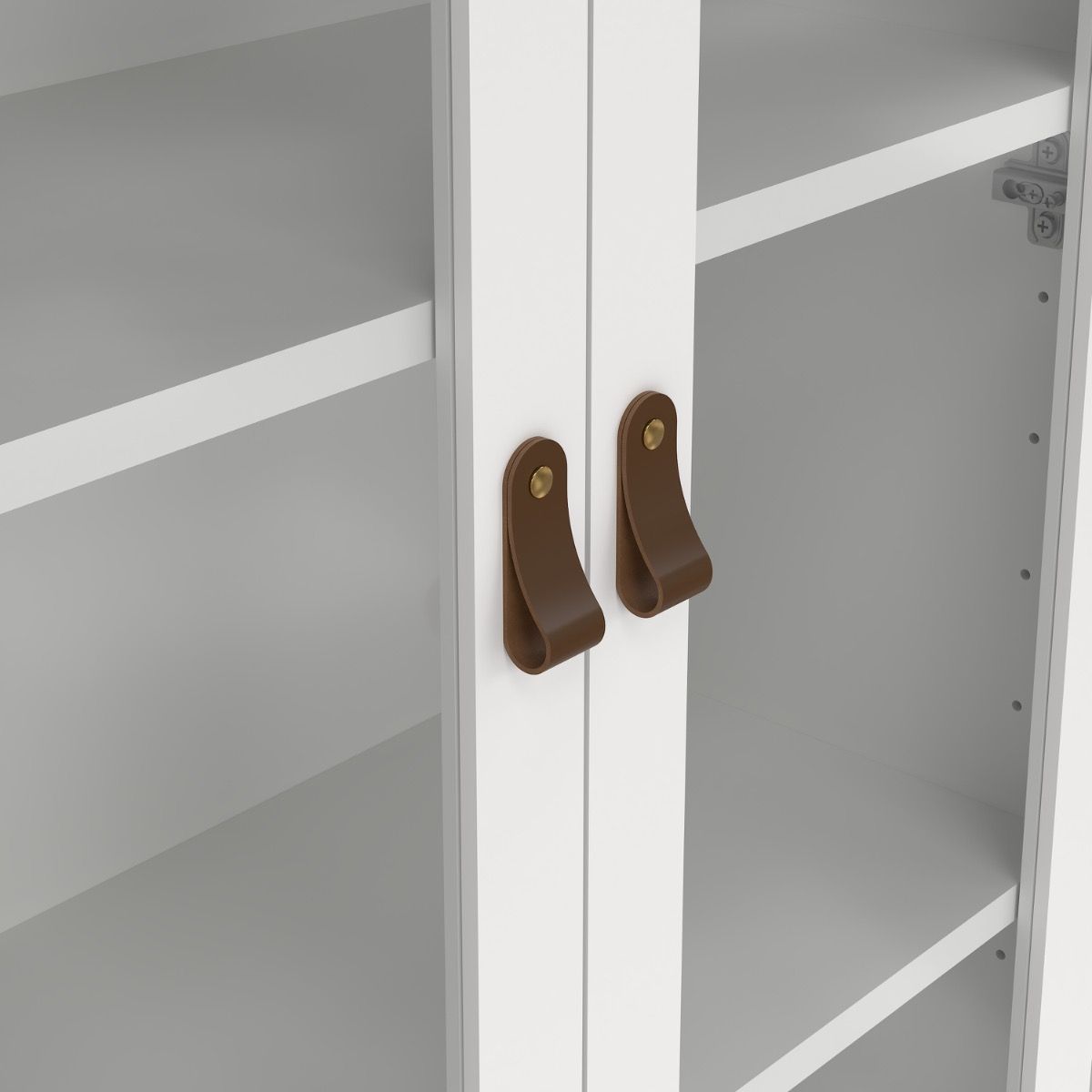 White wooden cabinet with glass doors and brown handles