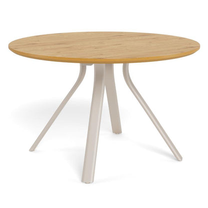 A round Bristol dining table with a light natural wood top and three splayed metal legs in a pale warm gray finish, shown on a white background.