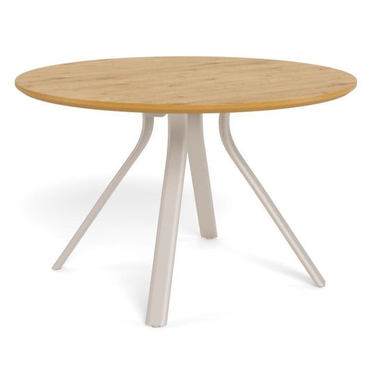 A round Bristol dining table with a light natural wood top and three splayed metal legs in a pale warm gray finish, shown on a white background.