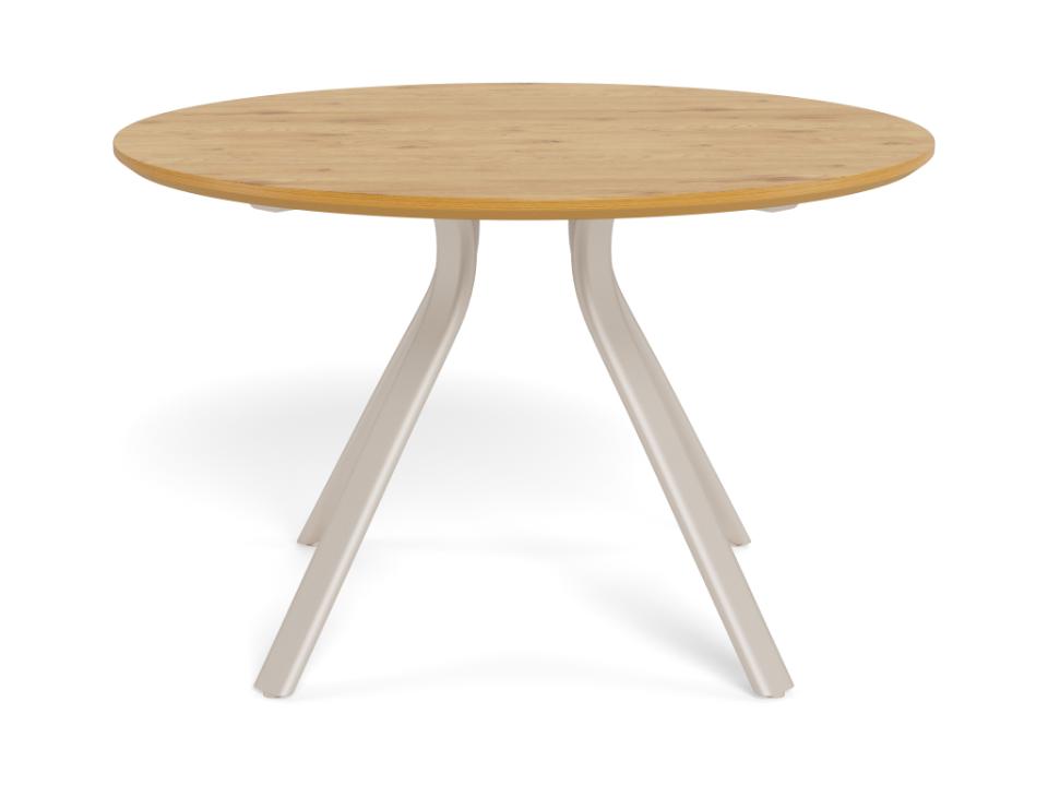 A round Bristol dining table with oak melamine top and grey metal base on a white background