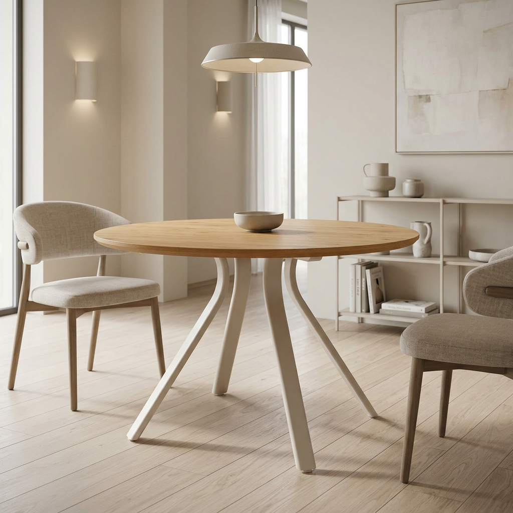 A round light oak Bristol dining table with sculptural grey splayed legs, surrounded by two upholstered dining chairs in a bright, modern minimalist dining room.