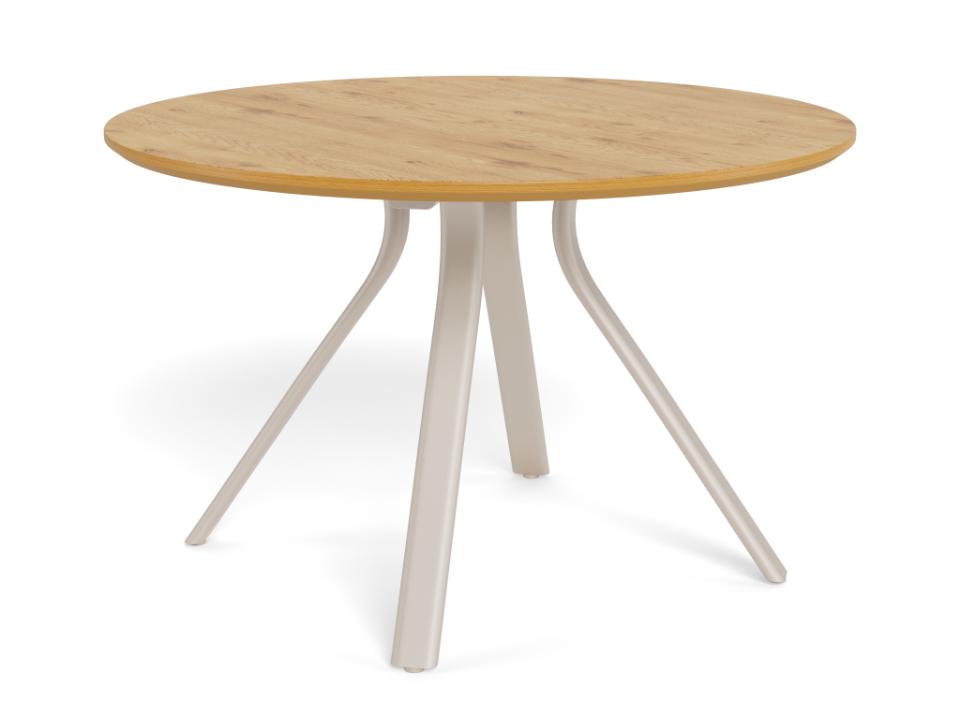 A round dining table with a light natural wood top and three slim, angled metal legs in a pale gray finish, shown on a white background.