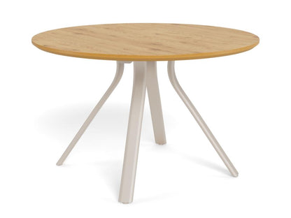 A round dining table with a light natural wood top and three slim, angled metal legs in a pale gray finish, shown on a white background.