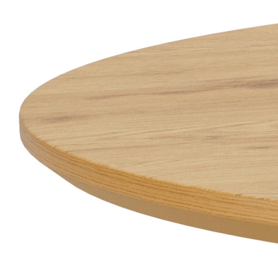 close up of a corner of a light oak melamine dining table on a white background