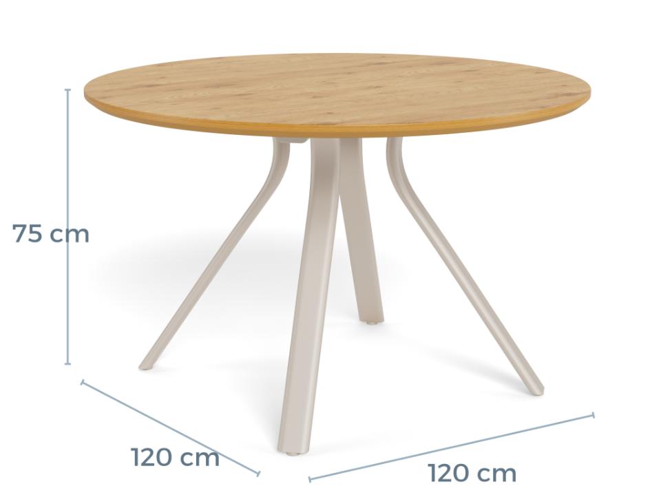 A Bristol dining table on a white background showing the sizes to be 75cm height, 120cm diameter