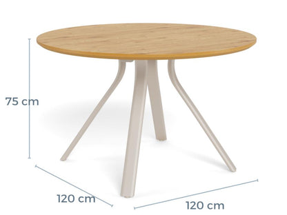 A Bristol dining table on a white background showing the sizes to be 75cm height, 120cm diameter