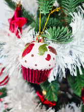 Load image into Gallery viewer, Pack of 3 Cupcake Hanging Decorations, Glittery Baubles in Many Colours Christmas Tree Ornaments
