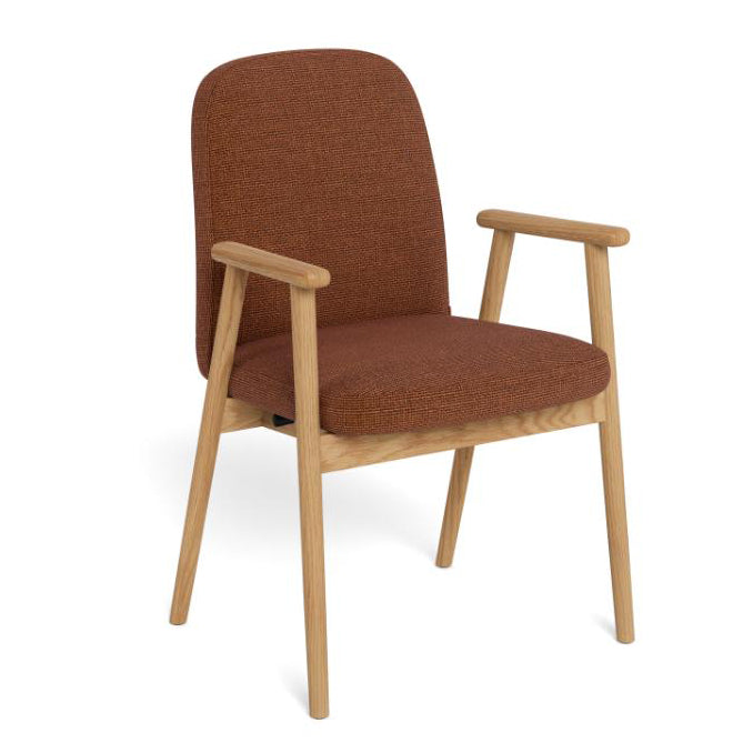 A mid-century modern accent chair with a warm rust-brown textured fabric upholstery and light natural oak wood arms and legs, shown on a plain white background.