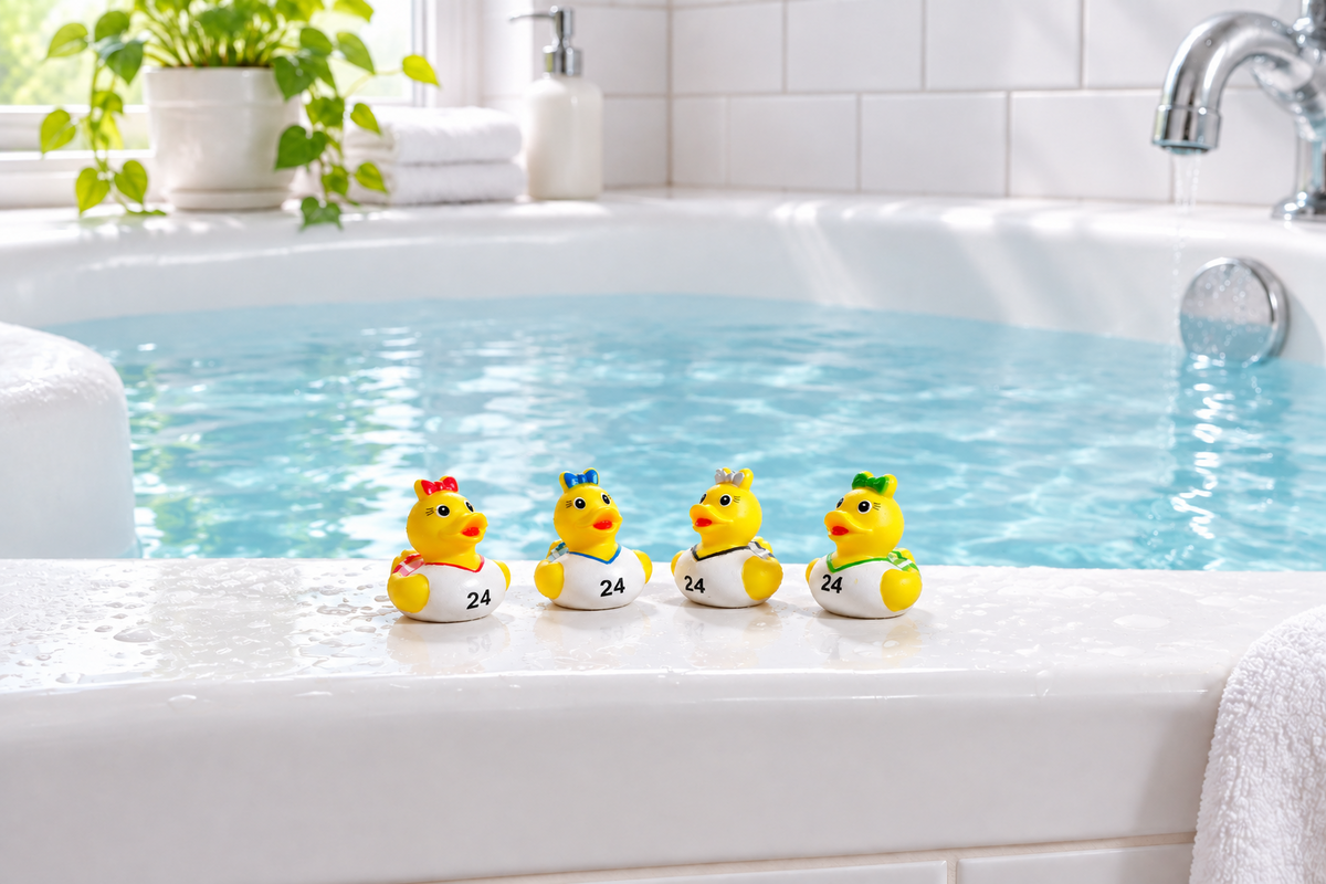 Four yellow rubber duckies wearing white swim diapers with the number 24, lined up on the edge of a white bathtub filled with blue water in a bright bathroom setting.