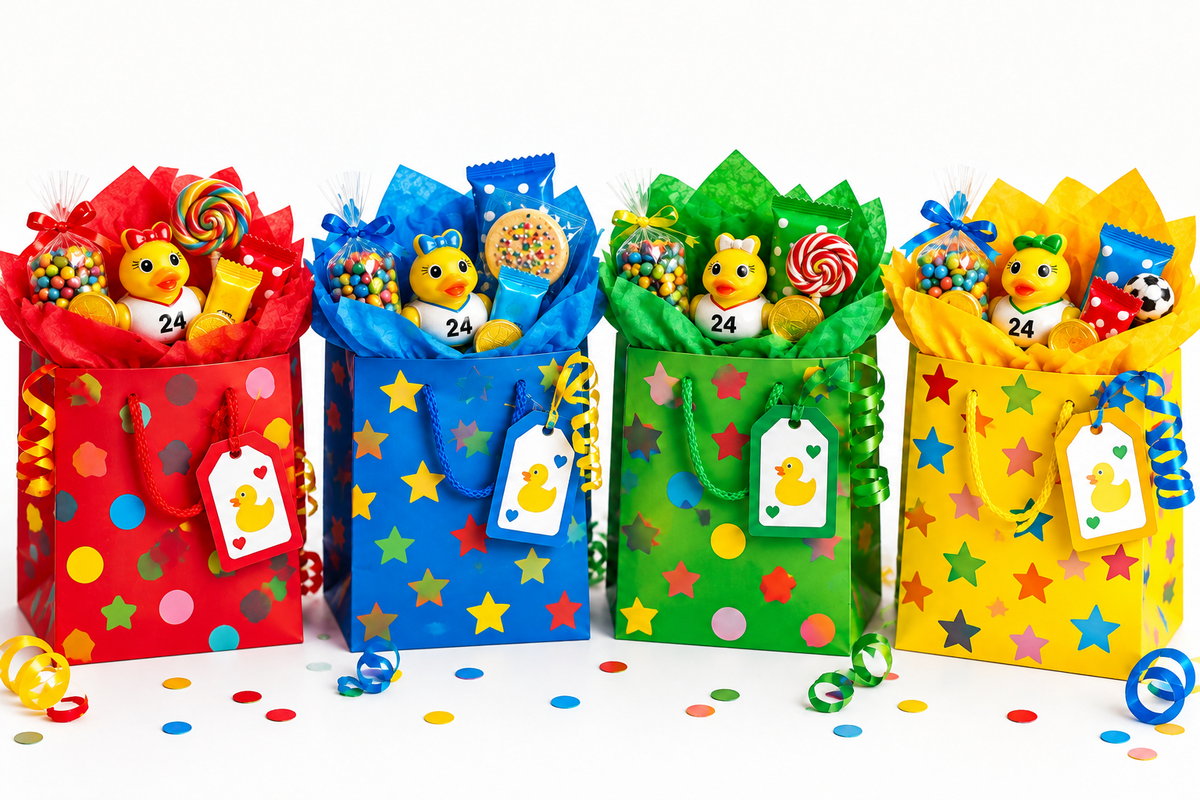 Four colorful party favor bags lined up on a white background, each filled with candy, a small rubber duck, and tissue paper. The bags are red, blue, green, and yellow, decorated with stars, dots, and streamers, and each has a duck-themed gift tag.