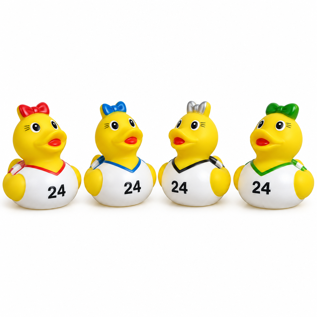 Four rubber ducks wearing cheerleader-style jerseys with the number 24, each with a different colored bow and collar trim, arranged in a row on a white background.