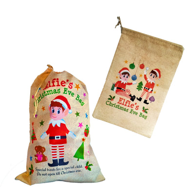 Two personalized Christmas Eve bags with cartoon elves and text on a white background