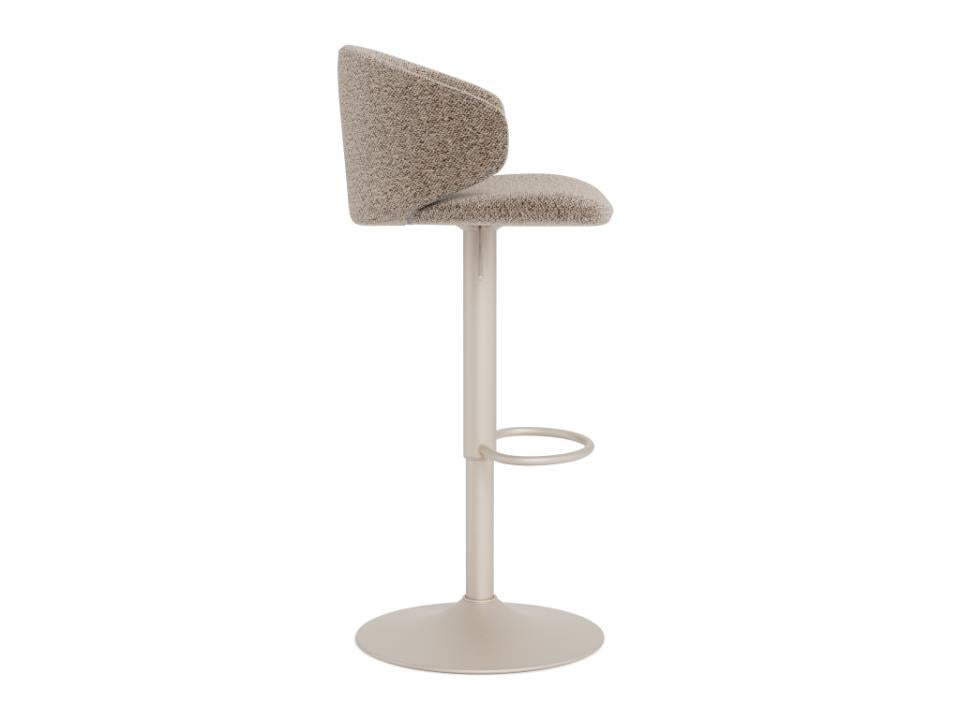 A modern bar stool with a textured taupe bouclé upholstered seat and curved backrest, supported by a slim grey metal pedestal base with an adjustable footrest ring.