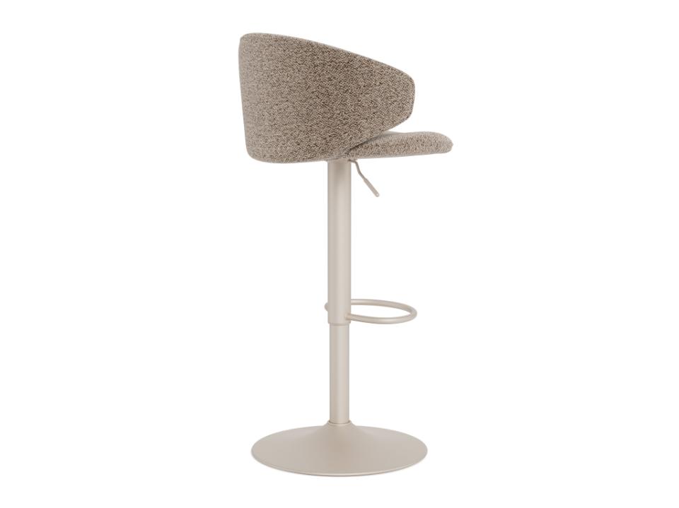 A modern adjustable bar stool with a textured speckled beige fabric seat and a light grey metal pedestal base with a footrest ring, shown against a plain white background.