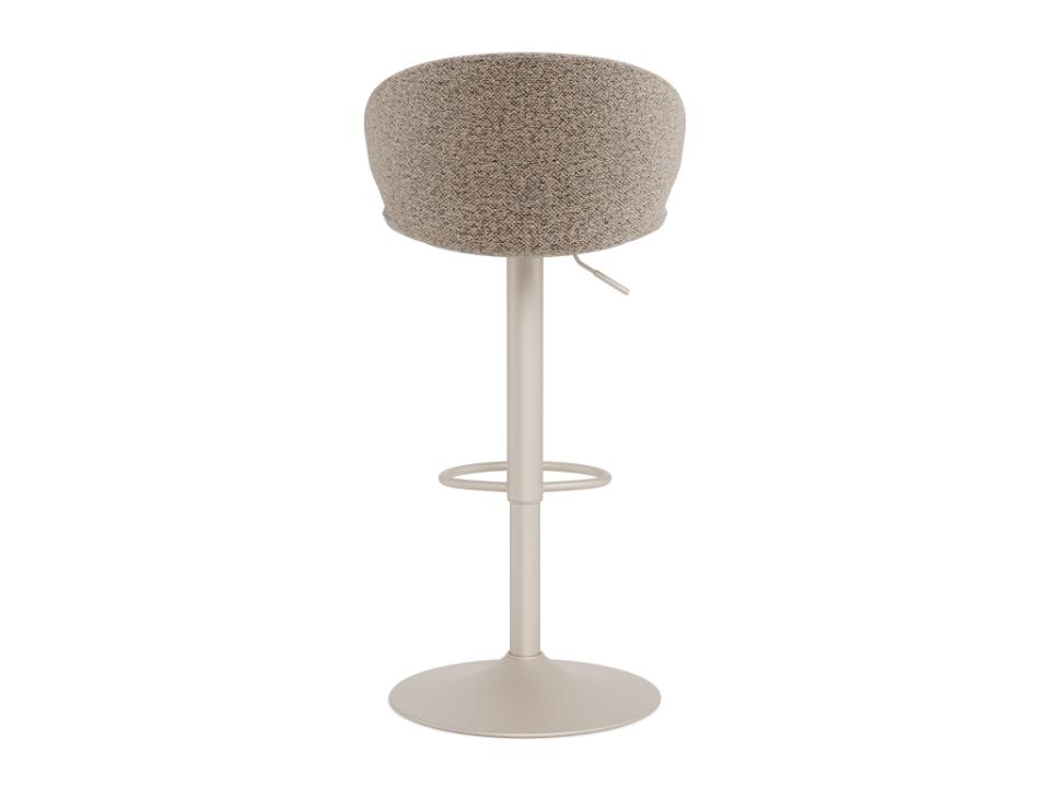 A modern bar stool with a textured, speckled taupe-beige upholstered seat cushion and a slim, light grey metal pedestal base with a footrest ring.