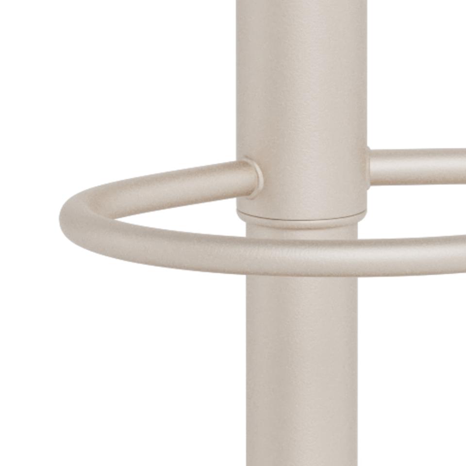 Close-up of a grey metal bar stool with a curved backrest on a white background
