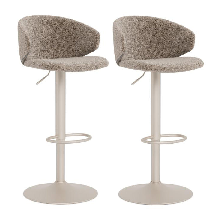 Two modern bar stools with textured taupe fabric seats and backs, featuring adjustable metal pedestal bases with footrest rings, shown on a plain white background.