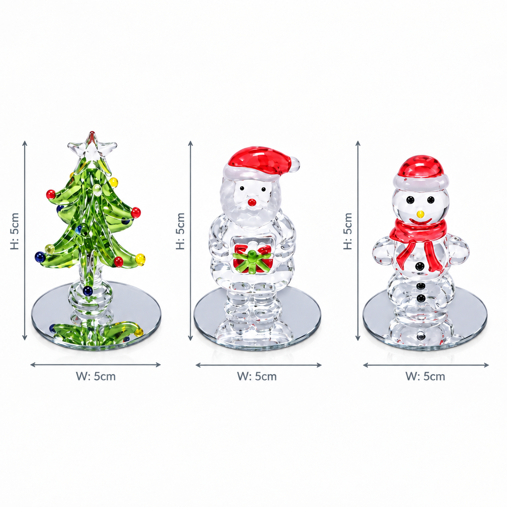 Three small holiday-themed glass figurines shown on a white background with dimension arrows and labels: a green crystal Christmas tree, a clear Santa in a red Santa hat holding a gift, and a clear snowman in a red Santa hat and scarf. Width and height measurements are printed beside each item.