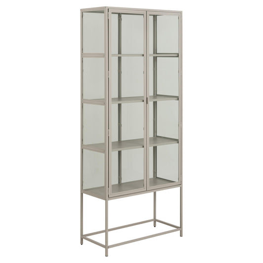 Seaford Grey Display Cabinet With 2 Glass Doors, 4 Shelves And A Solid Metal Frame Tall 77x35x186cm