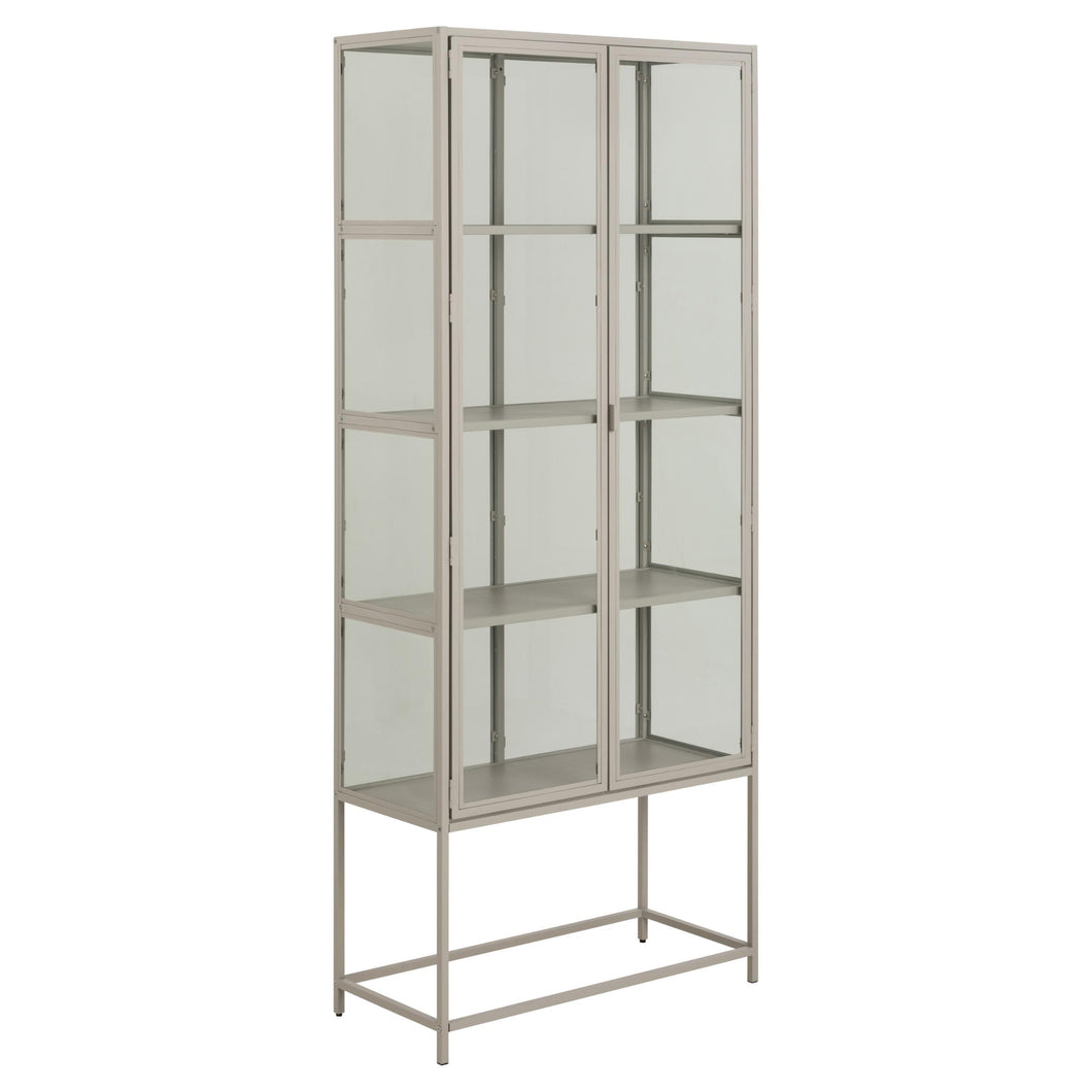Seaford Grey Display Cabinet With 2 Glass Doors, 4 Shelves And A Solid Metal Frame Tall 77x35x186cm