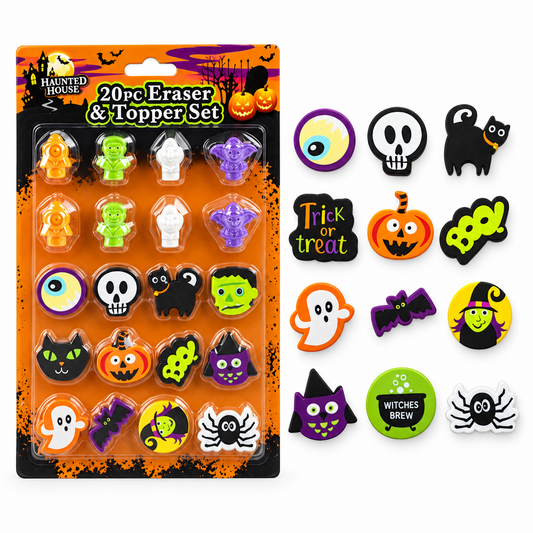 A 20-piece Halloween eraser and topper set by Haunted House, shown in its blister pack alongside ten loose samples of the designs, including ghosts, pumpkins, skulls, cats, witches, bats, and a 'Trick or Treat' topper.