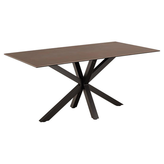 A rectangular ceramic dining table with a brown top and a solid metal cross base in matte black.