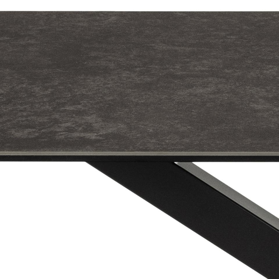 Dark gray rectangular table with a black metal leg on a white background