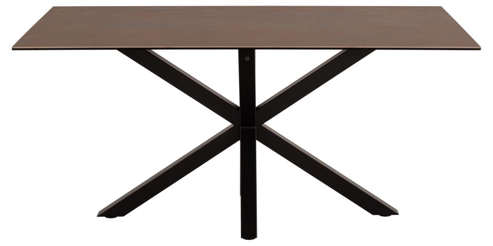 A rectangular dining table with a dark brown ceramic top and a black metal X-shaped pedestal base, shown against a plain white background.