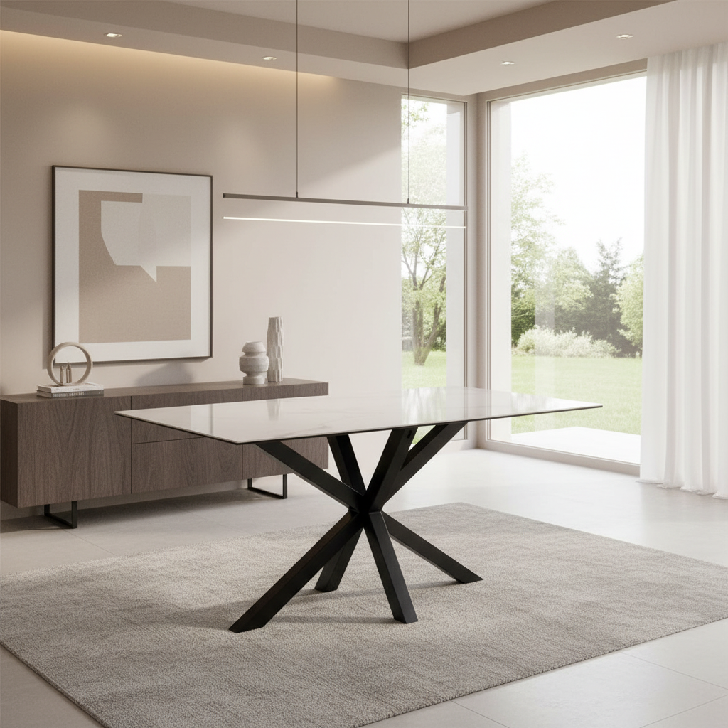 A modern dining table with a glossy white rectangular top and a black crossed pedestal base, shown in a bright contemporary dining room with a sideboard, wall art, pendant light, and large windows overlooking greenery.