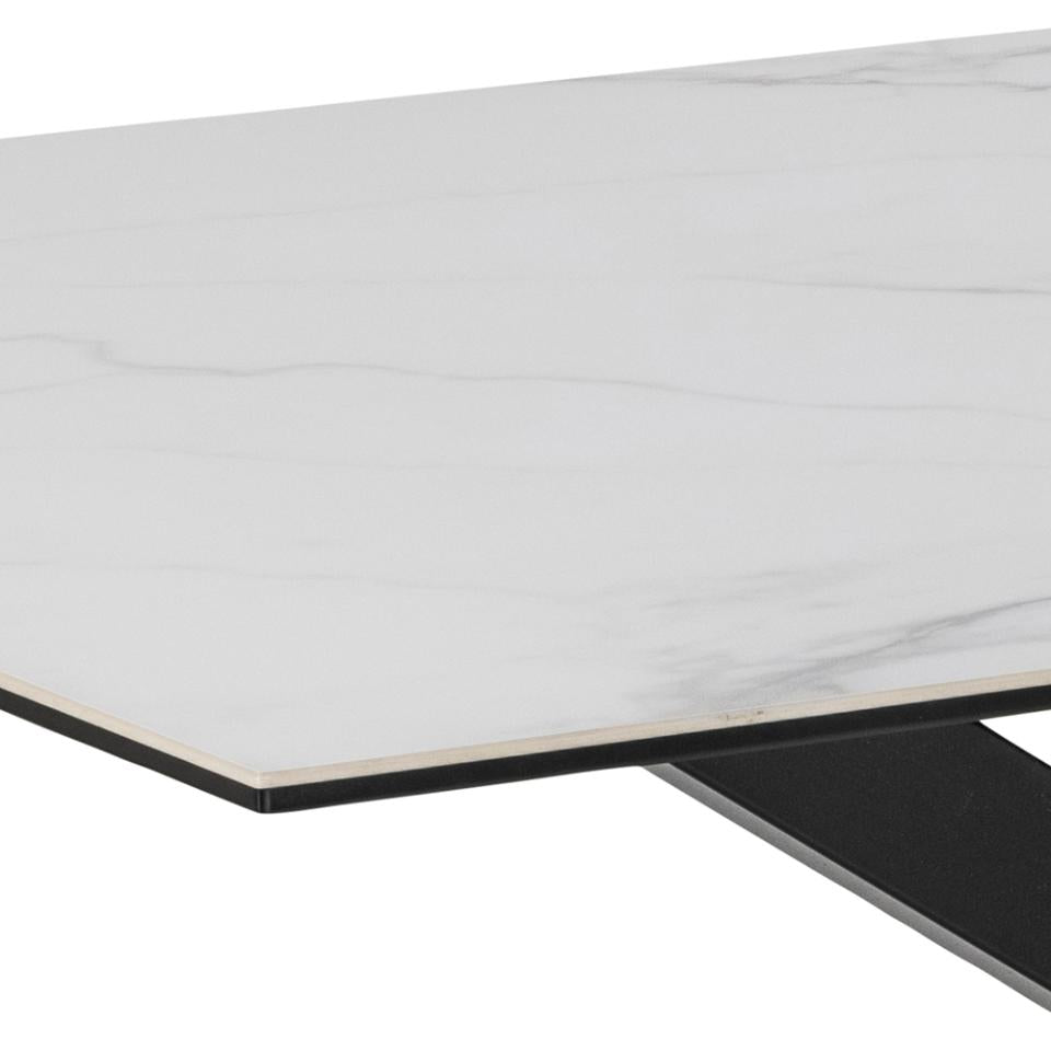 Close-up of a rectangular table top with a white marble-look surface and a black metal base, shown on a white background.