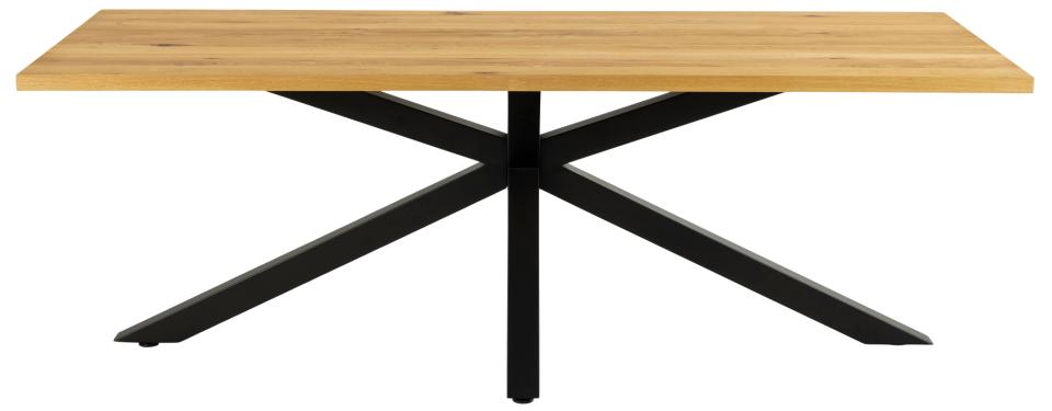 A rectangular wooden dining table with a light oak top and a black metal X-shaped base, shown against a plain white background.