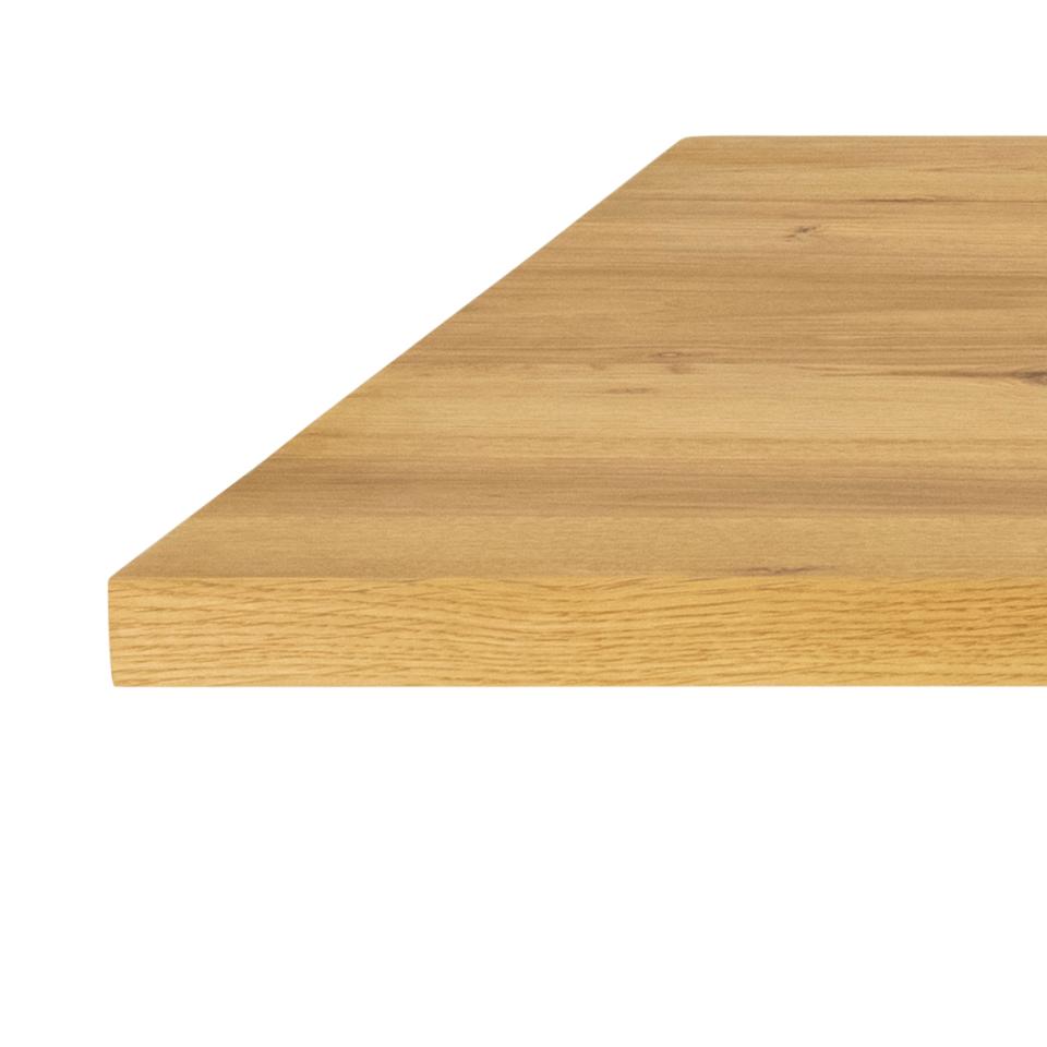 A close-up of a light oak wood tabletop showing the natural wood grain texture and edge profile against a plain white background.